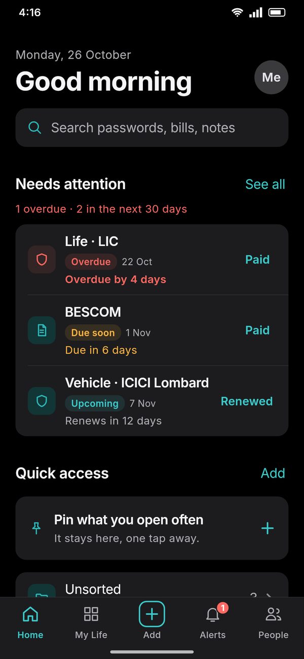 The Lifenest home screen in dark mode, showing items that need attention
