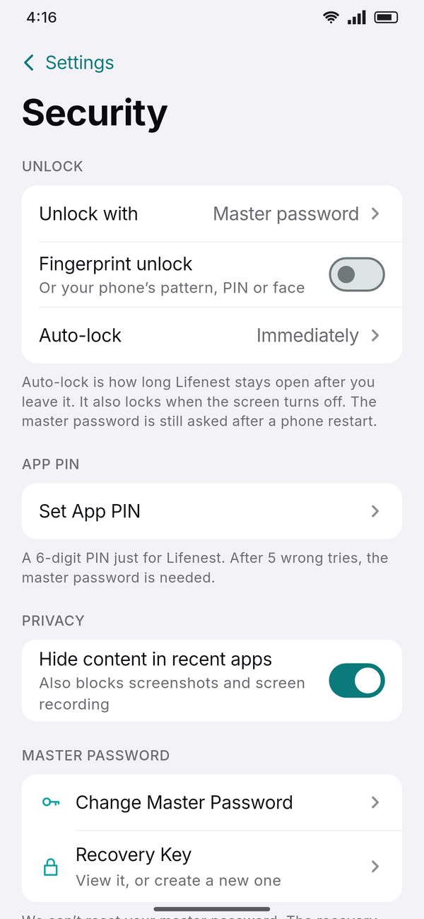 Lifenest security settings: fingerprint unlock, auto-lock, App PIN and hide content in recent apps
